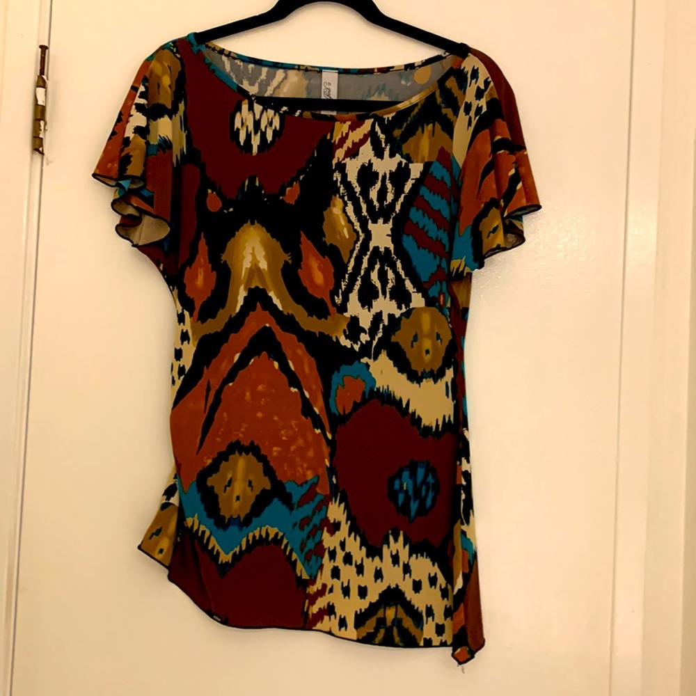 Multicolored Blouse, Size Medium, Sexy Bell Sleeves with a Diagonal Hemline.
